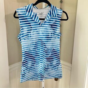 Puma Golf Shirt Sleeveless Blue Floral w. White Stripes Size Small